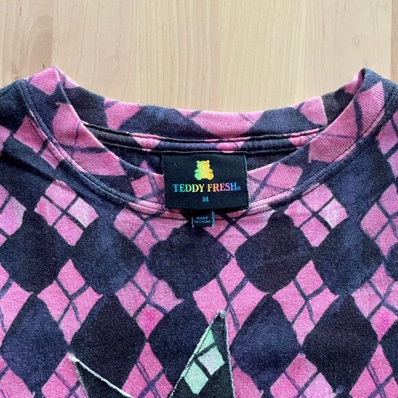 Teddy Fresh Women's Pink & Black Argyle Print Dyed Shirt with Star size Medium - Picture 2 of 5